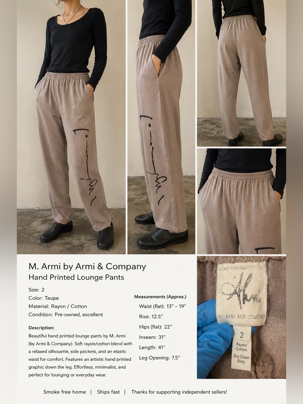 M. Armi by Armi & Co. Hand Printed Rayon Cotton Lounge Pants Size 2 Taupe